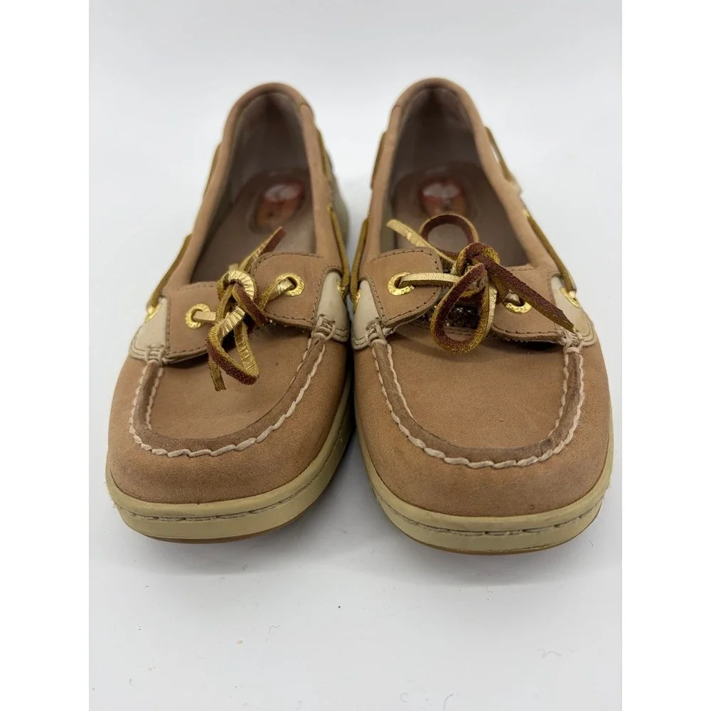 Sperry Angelfish, Tan/Gold Leather Glitter Boat Shoes, Women's Size 7, Pre-Owned